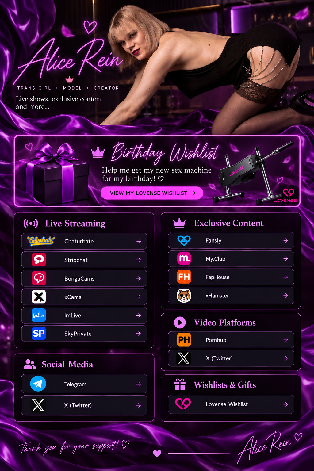 Alice Rein. Birthday Wishlist, live streaming, exclusive content, social media, video platforms, and wishlist